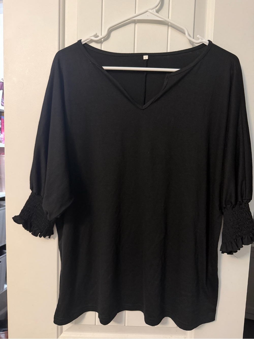 Black Women's V-Neck Top with Smocked Cuff Sleeves